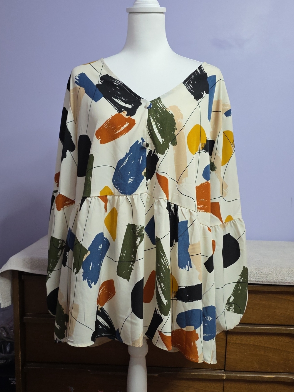 BloomChic Cream Blouse with Black Line & Mustard Accent